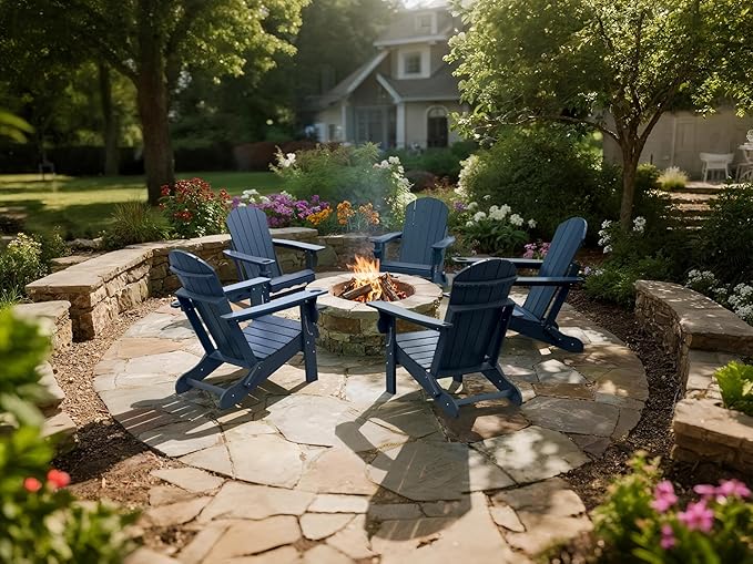 Folding Adirondack Chairs, HDPE Plastic Adirondack Chair with Cup Holder Weather Resistant, Wood Texture Outdoor Fire Pit Chairs for Patio Garden,Poolside and Deck, Umbrella Hole, Dark Blue