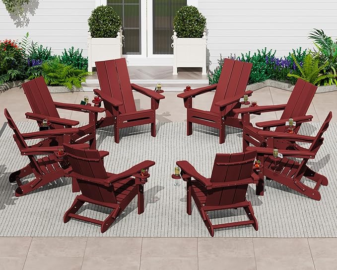 SERWALL Folding Adirondack Chair with Cup Holders, Weather Resistant HDPE Modern Adirondack Chair Set of 4, Plastic Outdoor Fire Pit Chairs, Red