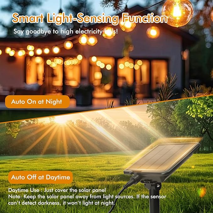 Solar String Lights Outdoor 50ft - 18+1 Shatterproof & Waterproof G40 LED Bulbs, Remote Control w/ 4 Dimming,3 Light Modes & Timer, Waterproof IP65 for Patio, Garden, Camping, Party, Christmas Décor