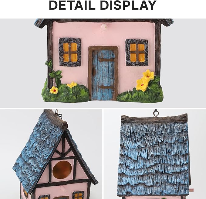 Bird Houses for Outside Pink Cottage Resin Birdhouse, Garden Outdoor Decor Bird House with Flower and Stone Details, Birdhouses for Outdoors for Bluebird Finches Cardinals