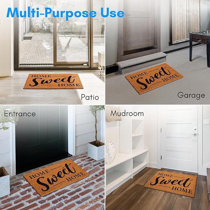 PLUS Haven 17.5x30 Home Sweet Home Door Mat with Heavy-Duty Backing - Coco Coir Doormat for Outdoor or Indoor Uses - Non-Slip Welcome Mats for Entryway or Porch - Easy to Clean - Natural Brown