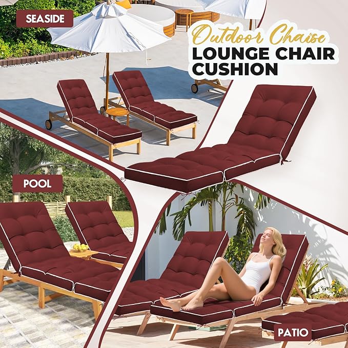 Outdoor Chaise Lounge Chair Cushion, Waterproof Non-Slip Patio Chaise Lounge Cushions for Outdoor Furniture, Thickened Patio Pool Lounger Chair Cushion, 76.4 x 22.8 x 4.7 Inches, Red