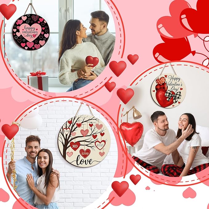 3 Pcs Valentines Day Decorations Door Sign Love Heart Welcome Wooden Hanging Sign Happy Valentine's Day Wood Wreath with Rope for Front Door Outdoor Farmhouse Porch Party Decor