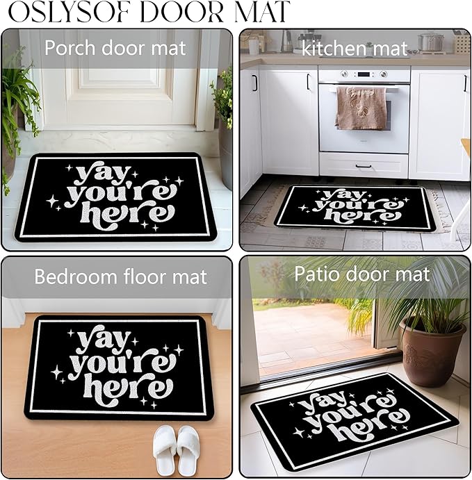 Funny Black Door Mat, Yay You're Here Doormat for Front Door Indoor Outdoor Porch Entrance Entryway, Funny Welcome Mat Outside, 17x30 Inch