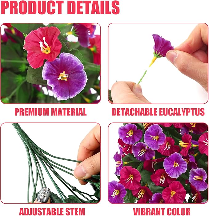 Artificial Fake Hanging Flowers Plants for Outdoor Outside Spring Summer Decoration 2PCS Faux Silk UV Resistant Realistic Morning Glory Trailing Vines for Home Porch Patio Balcony(Rose red & Magenta)