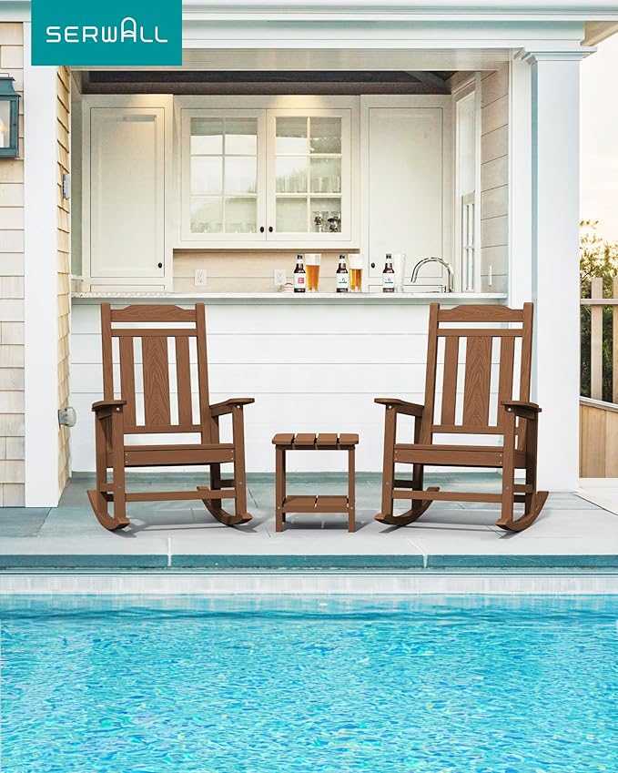 SERWALL Oversized Rocking Chair Set of 4 Outdoor, HDPE Outdoor Rocking Chair Set of 4, Brown