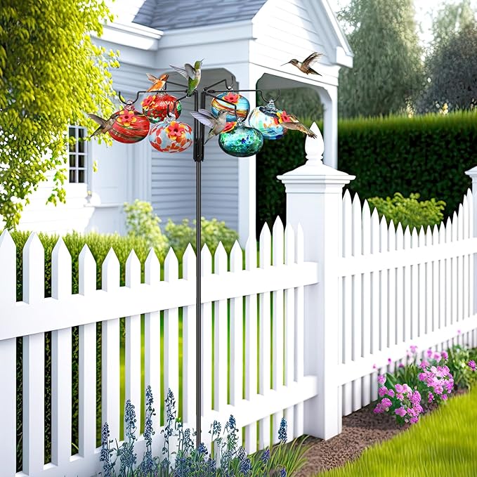 Chunful Hummingbird Feeders for Outdoors Hanging (6 Feeding Stations) Hand Blow Glass Hummingbird Feeder with Shepherd Hook and Adjustable Hight Bird Feeder for Outside, Home Garden Yard, Never Leak