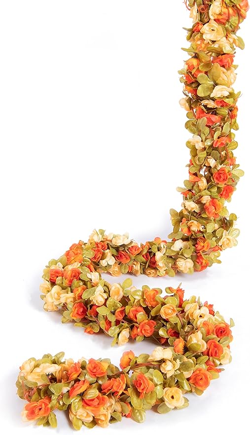 6 Pcs x 8.2 ft Flower Garland Artificial Rose Vine Flowers with Green Leaves Hanging Fake Roses Vine for Room Party Home Wedding Birthday Christmas Wall Arch Decor, Fall Champagne Flower