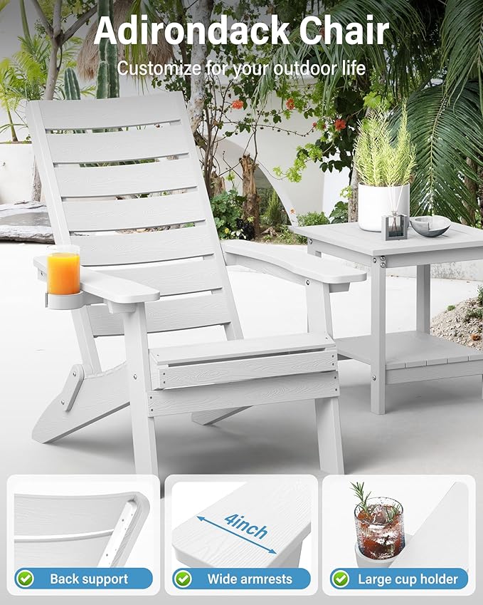 YEFU Adirondack Chair, Folding Adirondack Chairs Set of 2 with Arc Back & Cup Holder, Weather Resistant Plastic Oversized Chair for Outdoor Patio Lawn Garden Backyard Deck Fire Pit, White