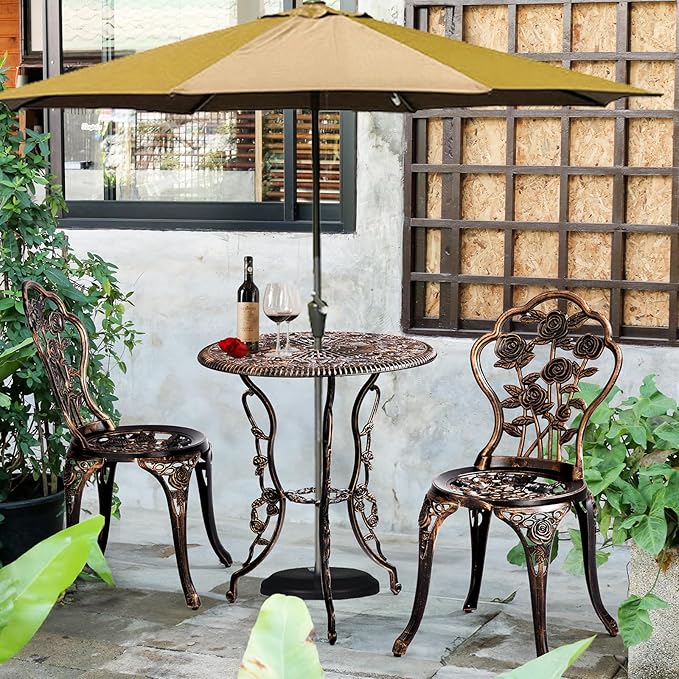 VINGLI 3 PCS Outdoor Bistro Set, Outdoor Patio Set, All-Weather Cast Aluminum Bistro Table Set, Bistro Table and Chairs Set of 2 for Backyard, Garden, Balcony (Bronze, Rose)