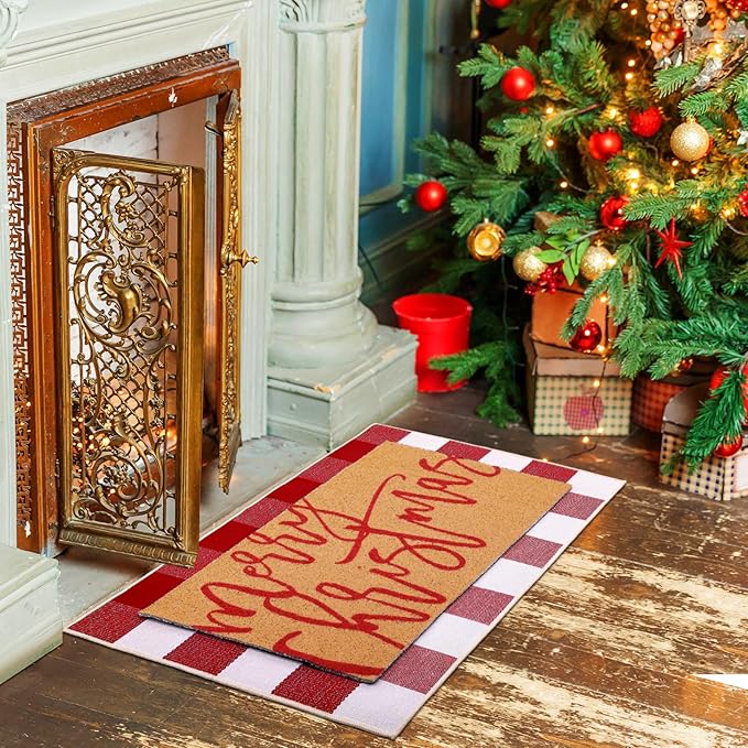 Tinideya 2 Pcs Christmas Door Mat Xmas Welcome Non Slip Coir Mats Merry Christmas Red White Buffalo Plaid Floor Layering Doormats Seasonal for Front Porch Entryway Decor(Red White Buffalo)