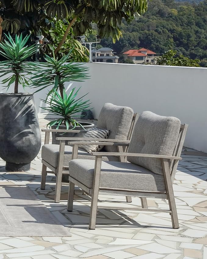 Outdoor Patio Chairs Set of 2, Outdoor Aluminum Armchair Conversation Set with Thick Cushions, 2 Pieces All Weather Patio Furniture Sofa Chairs Set for Garden, Poolside, Lawn, White Oak
