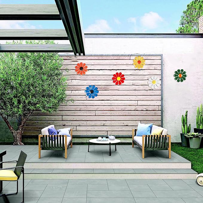 6 Pcs Metal Flowers Wall Decor Garden Decor, Metal Flower Sunflower Wall Art Hanging Decoration Daisy Ornament For Indoor Living Room Bedroom Dining Room Outdoor Backyard Porch Patio Fence