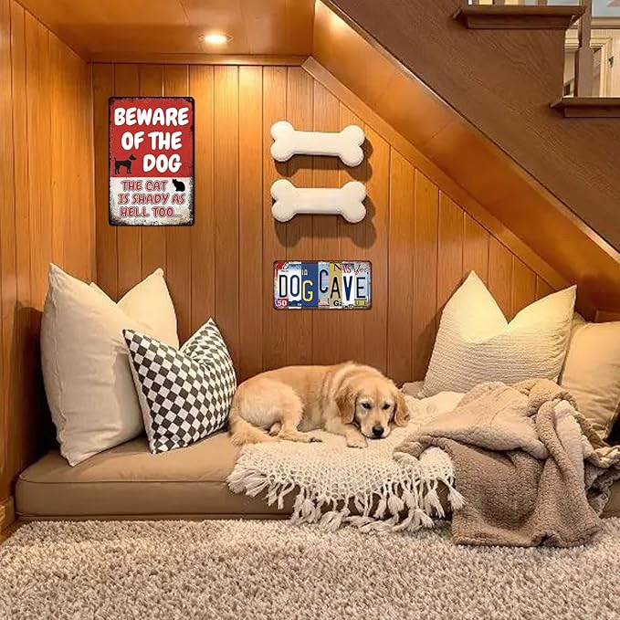Beware of Dog Signs for Fence Funny Metal Warning Sign Yard Decor Beware of Dog The Cat Is Shady Too Tin Sign Dogs Room Decor 8x12 Inch