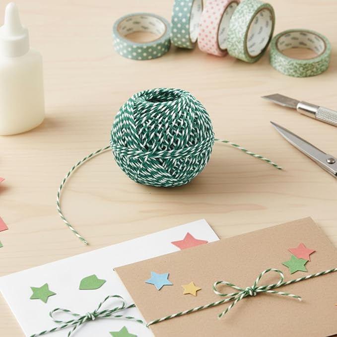 Green and White Organic Twine Cotton String - 200 Feet Wrapping, Baking, Butcher, Crafts, DIY Projects, Easter, Christmas