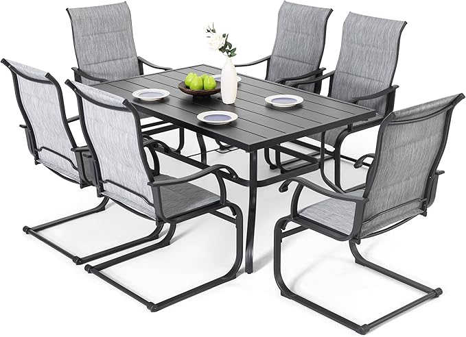 NUU GARDEN 7 Piece Outdoor Dining Set, 6 All Weather Padded Textilene Patio Chairs and 61" Rectangular Dining Table with 1.57" Umbrella Hole, for Patio, Garden, Light Grey and Black