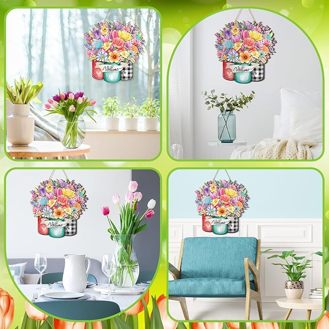 Juexica Spring Welcome Door Sign for Front Door Flower Door Hanger Wreaths Spring Wooden Hanging Decor Rustic Welcome Sign for Front Porch Wall Pediments Decorations