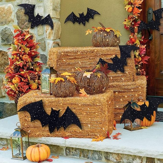 Halloween Decorations Outdoor: 10Pcs Hanging Bats Stickers Wall Decals Window Sticker, Large 3D Bats with glitter Removable Halloween Yard Front Door Porch Decoration Party Gothic Decor Indoor