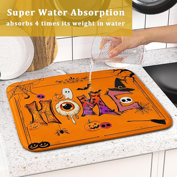 Funny Festival Dish Drying Mats for Kitchen Counter Orange Halloween Home Decoration Coffee Mat