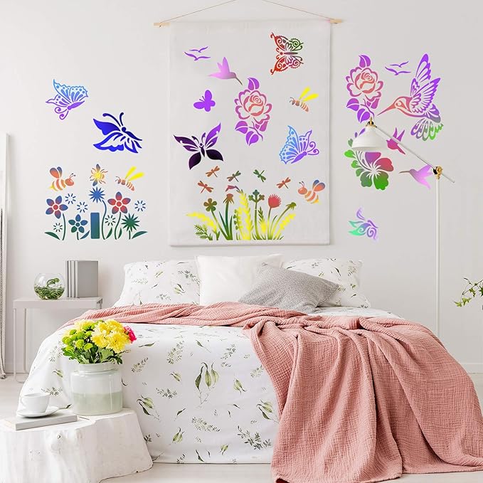 6 Pieces Stencils for Painting on Wood, Reusable Flower Bee Butterfly Painting Stencil Template Bird Bee Drawing Crafts on Wood, Wall, Furniture