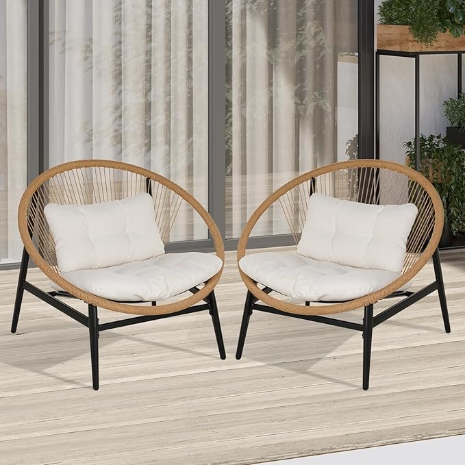 Grand patio Oversized Outdoor Chairs Set of 2, Wicker Patio Chairs with Beige Cushion, Outdoor Furniture Set for Porch Balcony Deck Garden