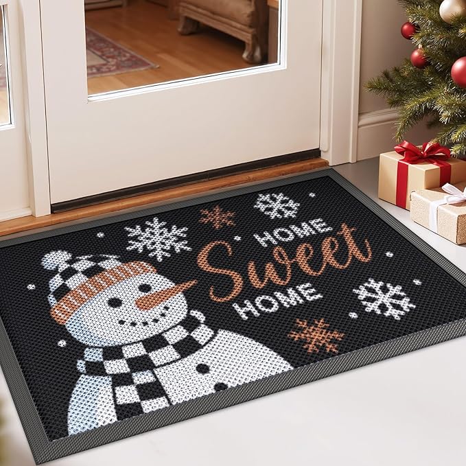 DEXI Christmas Front Door Mat Outside Entrance, 32x48 ft Winter Snowman Welcome Entryway Doormat Dirt Trapper, Heavy Duty Non Slip Entry Mats for Patio Garage Porch Home, Black White