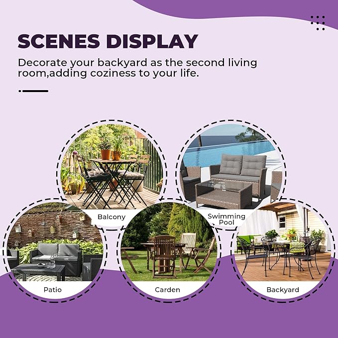 Wicker Chair Cushions, Waterproof Outdoor Loveseat Cushions for Patio Furniture, 3 Pieces Wicker Furniture Cushions, 1 Loveseat and 2 U-Shaped Cushions, Purple