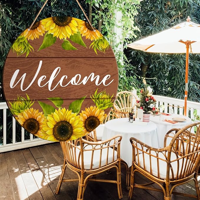 Muktoujaumai Welcome Sign Front Door Decor, Summer Welcome Round Hanging Sign Decor Farmhouse Sunflower Wall Decorations Wood Sign for Door, Porch, Home, Housewarming Gift for New House Friend Family