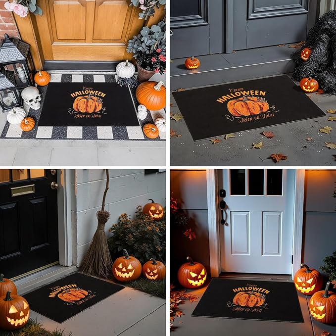 Pumpkin Front Door Mat Indoor Outside Entrance, Heavy Duty Dirt Trapper Doormat with Non Slip Backing Entryway Mat for Front Back Door, 24'' x 36'', Pumpkin Black