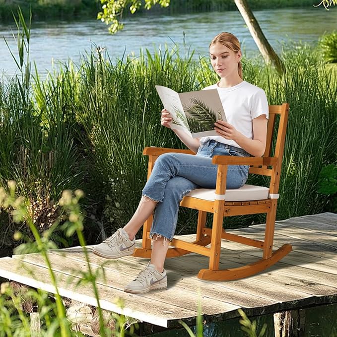 VINGLI Oversized Rocking Chair, Wooden Rocking Chair with High Back, Outside Porch Rocking Chair for Patio, Yard, Garden, 550 LBS, Teak (Teak, 1 PC)