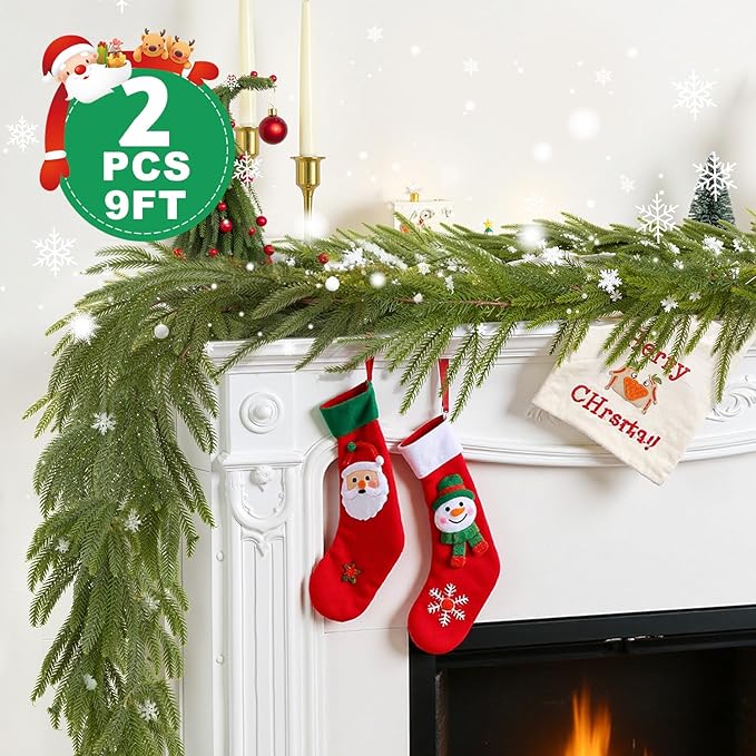Findosom 2PCS 9Ft Christmas Norfolk Pine Garland, Real Touch Artificial Winter Green Pine Garland for Mantle, Wall, Fireplace, Stairs, Table, Indoor & Outdoor Christmas Decorations