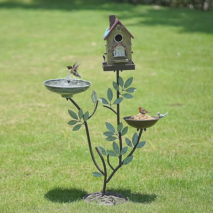 38" H Cast Iron Pedestal Bird Baths for Outdoors,3 in 1 Metal Bird Bath Bowl with Bird Houses and Bird Feeder,Garden Yard Decor