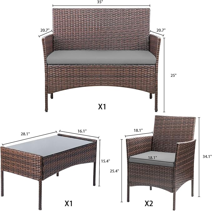 Homall 4 Pieces Outdoor Patio Furniture Sets Rattan Chair Wicker Set, Outdoor Indoor Use Backyard Porch Garden Poolside Balcony Furniture Sets (Grey)
