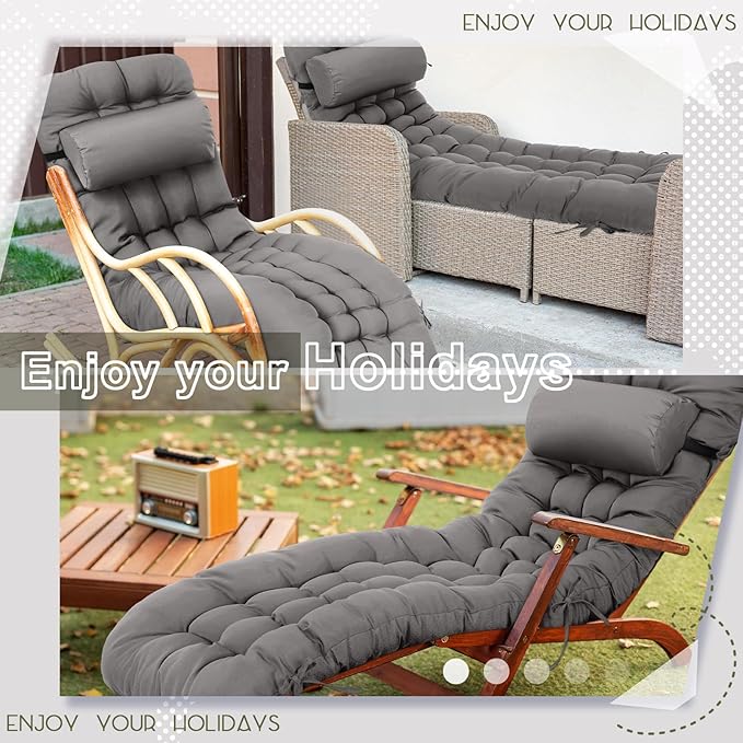 Tudomro 2 Pcs Dark Gray 66'' Outdoor Chaise Lounge Cushion Waterproof Patio Lawn Pool Chaise Lounge Cushion with Headrest Pillow & Ties Weather Fade Resistant Replacement Longue Chair Pad