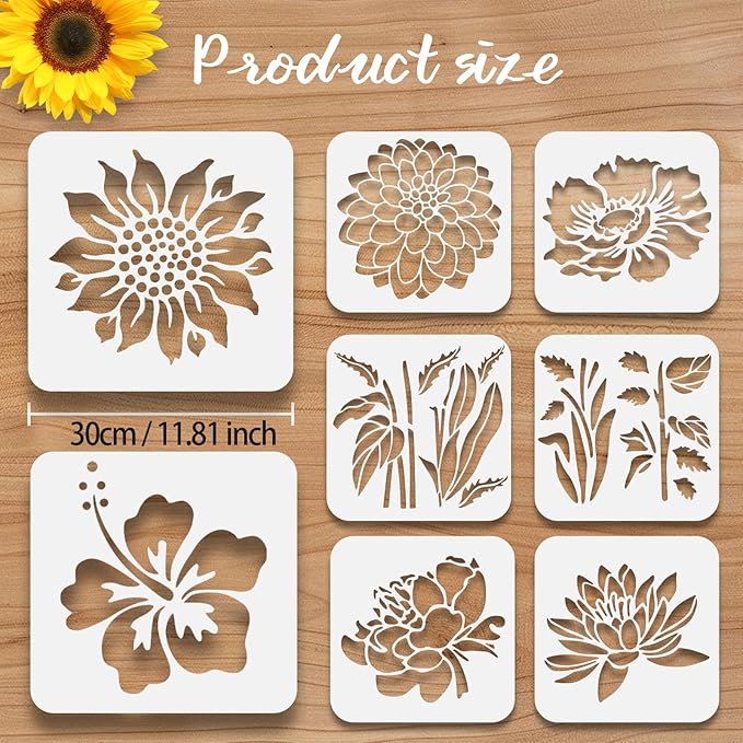 8 Pcs Large Flower Stencils for Painting, 11.81 X 11.81 Inch Flower Stencils for Crafts Reusable, Wood and Wall Stencils for Painting Large Pattern, DIY Templates Holiday Wall Paper (C)