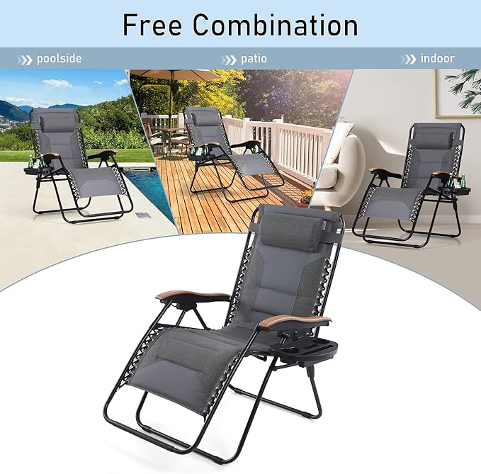 PHI VILLA XXL Oversized Padded Zero Gravity Chair Set of 2, Foldable Patio Recliner, 30" Wide Seat Anti Gravity Lounger with Armrest and Cup Holder, Support 400 LBS (Light Gray)