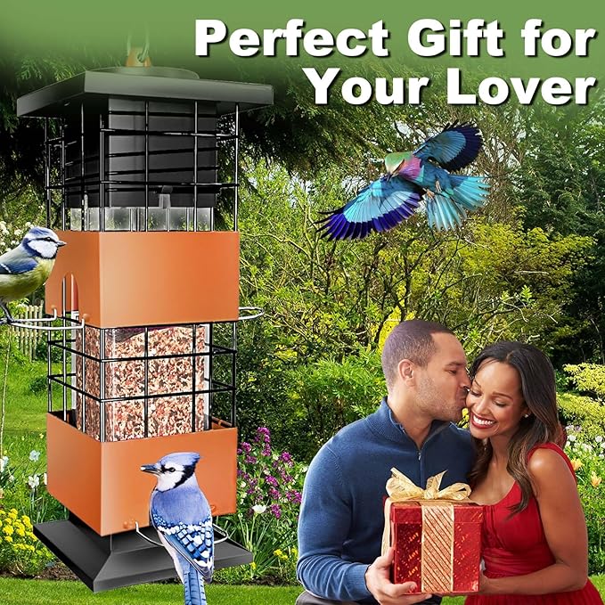Squirrel Proof Bird Feeder,3Lbs Metal Birdfeeders Squirrel Proof with 4 Feeding Ports for Outside, Birds Seed Feeder for Outdoors, Cardinal, Finch, Sparrow (Brown)