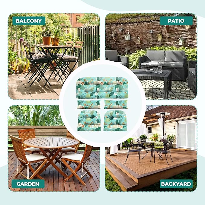 Wicker Chair Cushions of 5 Pieces, Waterproof Outdoor Loveseat Cushion for Wicker Furniture, 1 Love Seat Cushion, 2 U-Shape and 2 Lumbar Pillows for Patio Furniture (Cyan Flower)