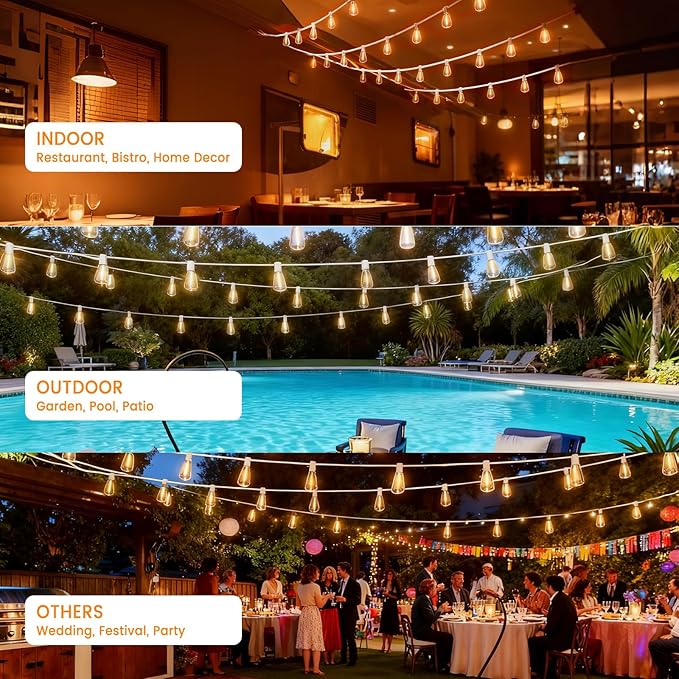 LED Outdoor String Lights 100ft ST38 White Waterproof Patio Lights with 50 Vintage Shatterproof Bulbs(3 Spare), Dimmable Outside Hanging Edison String Lights for Backyard Porch Balcony, Warm White