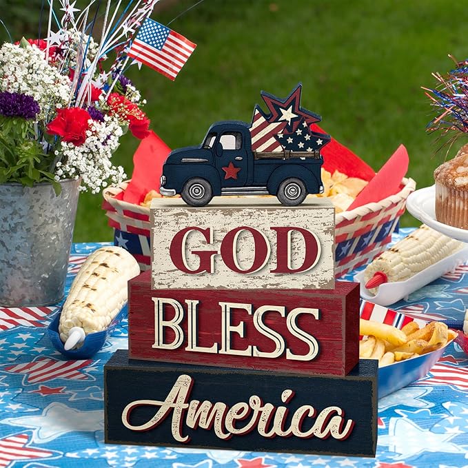 4 Pcs 4th of July Patriotic Table Decor Memorial Day Red White Blue Truck Wood Sign Rustic God Bless America Tabletop Centerpiece Block Independence Day Tiered Tray Decor for Home Office Shelf