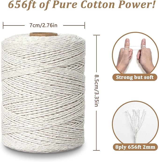 Butchers Twine for Cooking, Baking & Crafts - Food Safe Kitchen Twine for Tying Meat, Trussing Turkey, Roasting, Sausage Making - Strong Cotton Rope for Garden, Crafts & Packing, 656ft 2mm(Beige)