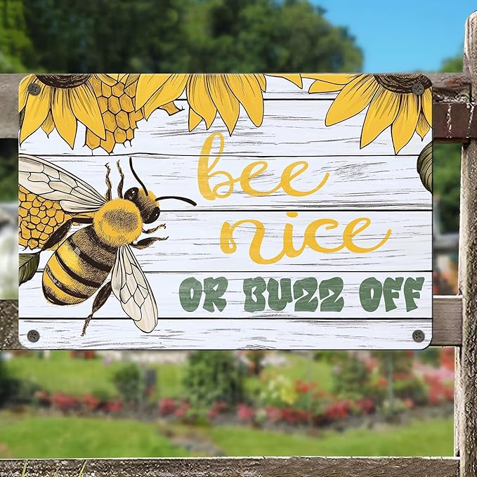 Bee Nice or Buzz Off Decor Sign Vintage Metal Tin Sign Country Farmhouse Decor Home Decor Rustic Farmhouse Decorations for The Home 8x12inch