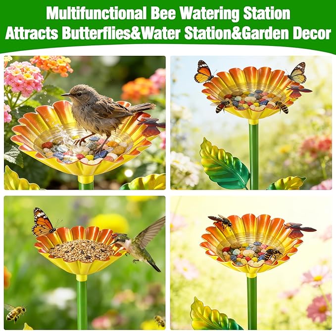 Bee Watering Station, Metal Bee Water Station with Flower Design Colorful Butterfly Bath Bowl Drinking Feeder Cups for Outdoor Garden Yard Decor (Yellow)