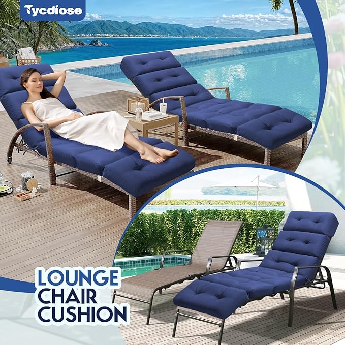 All Weather Chaise Lounge Cushions Outdoor Lounge Chair Cushion, Replacement Chaise Lounger Chair Cushion Waterproof for Outdoor Patio Furniture with Non-Slip Back and Ties, Blue