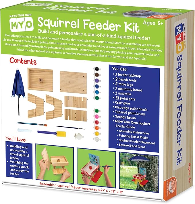 MindWare Make Your Own (MYO) Squirrel Feeder Craft Kit for Kids - Includes Wood Pieces, Paint, Brushes, Instructions and More