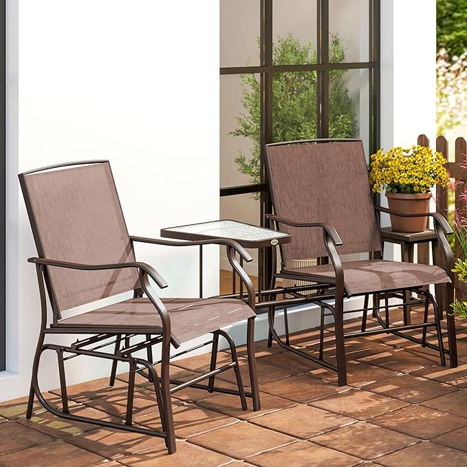Outsunny Outdoor Glider Chairs with Coffee Table, Patio 2-Seat Rocking Chair Swing Loveseat with Breathable Sling for Backyard, Garden, and Porch, Coffee Brown