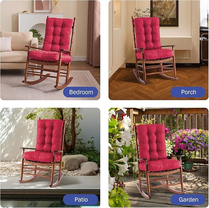 Rocking Chair Cushion, Waterproof and Fade-Resistant Patio Chair Cushions, Tufted Chair Pads for Rocker Furniture, 17x17 Inch, Indoor/Outdoor Seat Cushions with Ties, Burgundy (Pack of 2)