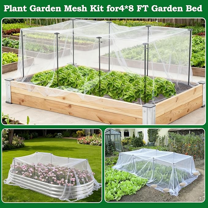 Metal Garden Netting Kit, 8 Pack 2.6ft Raised Garden Bed Net Support Stakes with 10´×13´ Fine Mesh Insect Netting 16pcs Clips Bird Barrier Screen Cover for Protect Plant Vegetable Row from Animals Bug