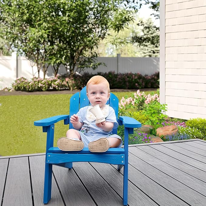 LUE BONA Kids Adirondack Chair Set of 4 - Blue Poly Lumber Plastic, Weather Resistant Toddler Outdoor Patio Lounge Chair for Balcony, Backyard