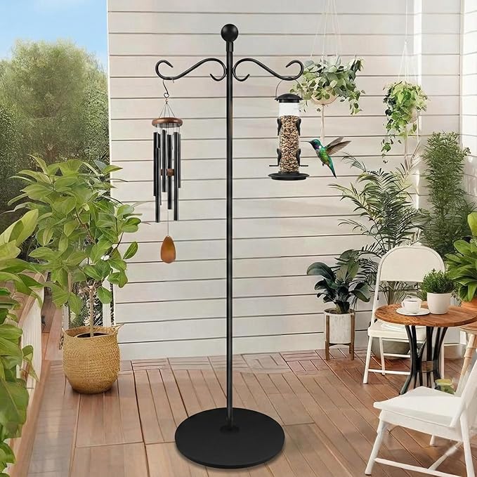 58 Inch Double Shepherds Hooks for Outdoor Indoor with Round Base Stand, Adjustable Shepherds Hook for Bird Feeder, Wind Chime, Solar Light for Garden Patio Home Decor